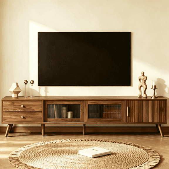 76" Modern Minimal Glass-Doors TV Stand for TVs up to 85 Inches, Wood-Grain Entertainment Center with Storage Cabinets, TV Media Console Table for Living Room, Bedroom