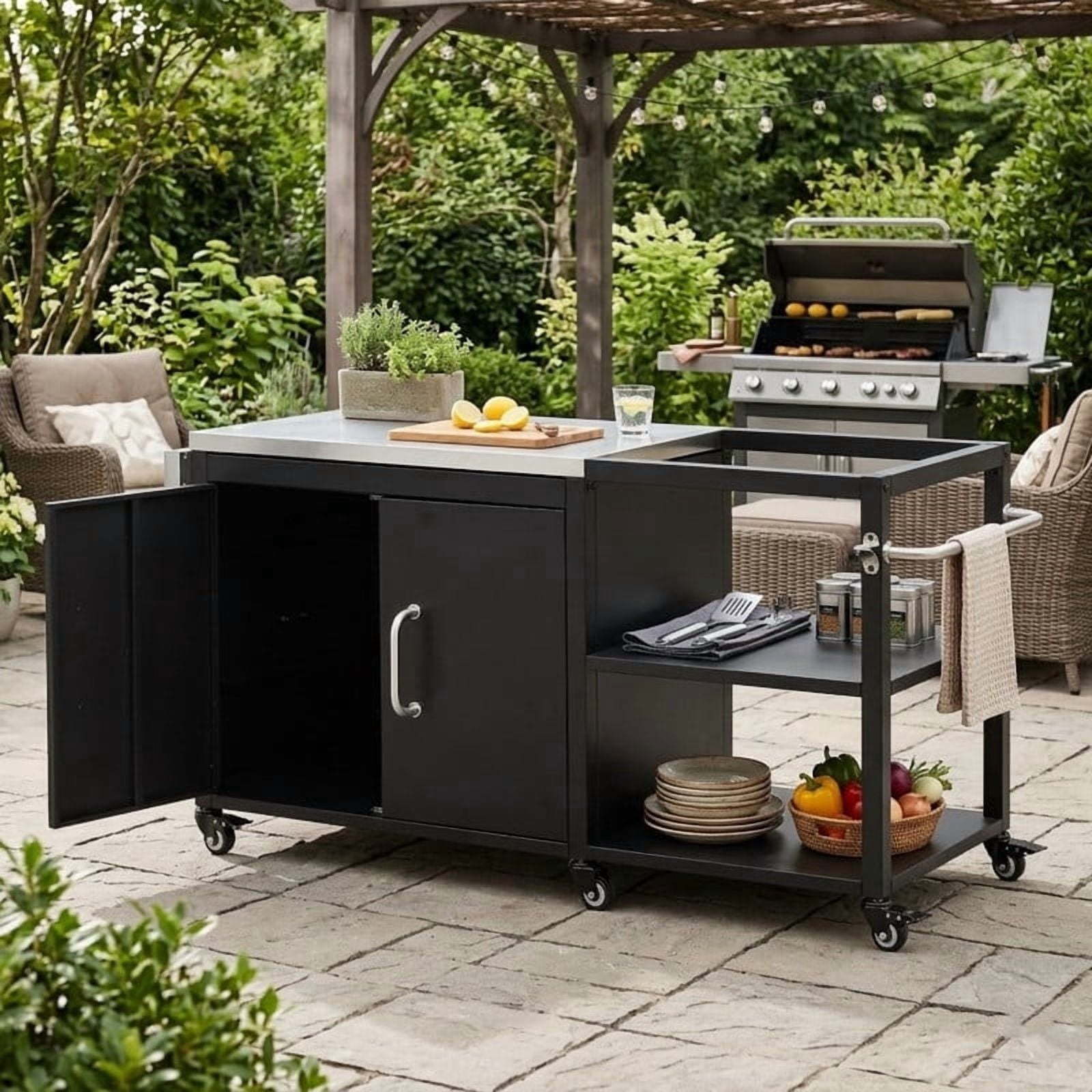76" Outdoor Kitchen Island Grill Cart for Big Green Egg, Stainless Steel Prep Table, Outdoor Grill Table with Adjustable Shelf & Hooks & Bottle Opener for BBQ
