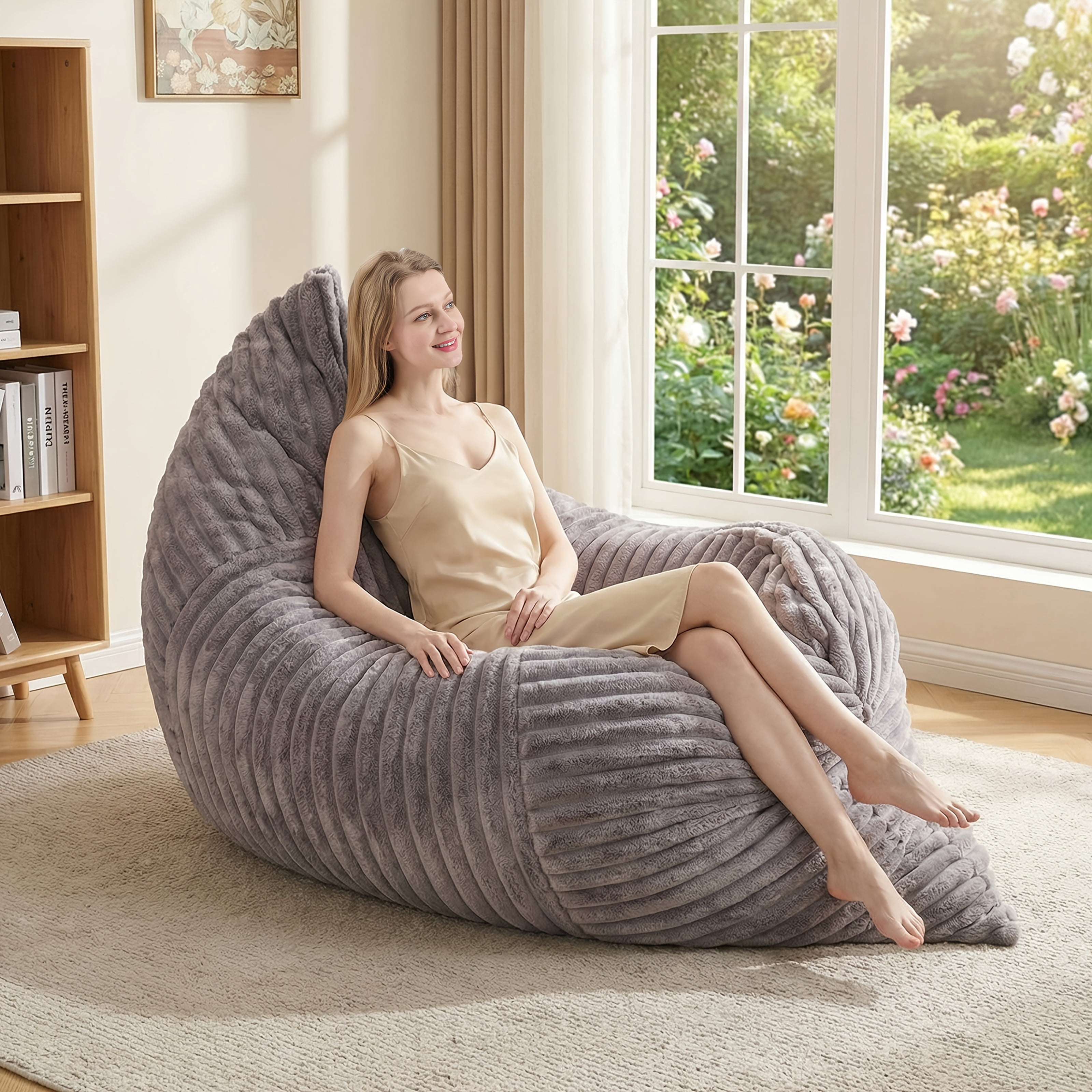 76" Oversized Convertible Bean Bag Sofa Bed with Washable Cover, Folding Memory Foam Reading Chair for Adults, Comfortable Reclining Floor Couch for Living Room and Movie Nights