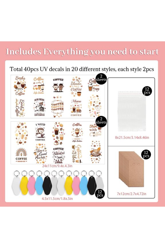 76 Pcs DIY Keychain Making Accessories Coffee Pattern Waterproof Stickers OPP Bags Plastic Rhombus Keychain Paper Display Cards Suitable for Hotel Motel Key Chains