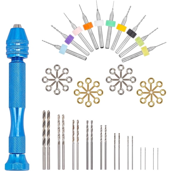 76 Pcs Hand Drill Bits Kits with 1Pc Steel Hand Drill 25 Pcs Iron Twist Drill and 40 Pcs Screw Eye Pin Peg Bails 10 Pcs Plastic and Iron Fixed Handle for Craft Carving DIY Jewelry colorful