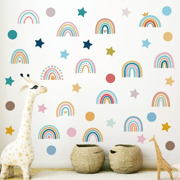 76 Pcs Rainbow Stars Dots Multi-color Decals Boho Style Removable Wall Stickers Vinyl Peel and Stick Kids Bedroom Living Room Playroom DIY Decor