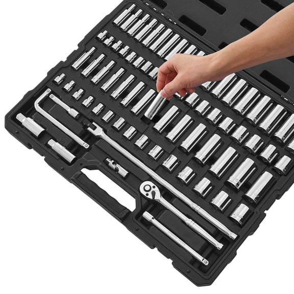 76-Piece 3/8 Inch Drive Socket Set, Standard/Metric, Deep/Shallow, Case, Chrome Vanadium, for Automotive Repair
