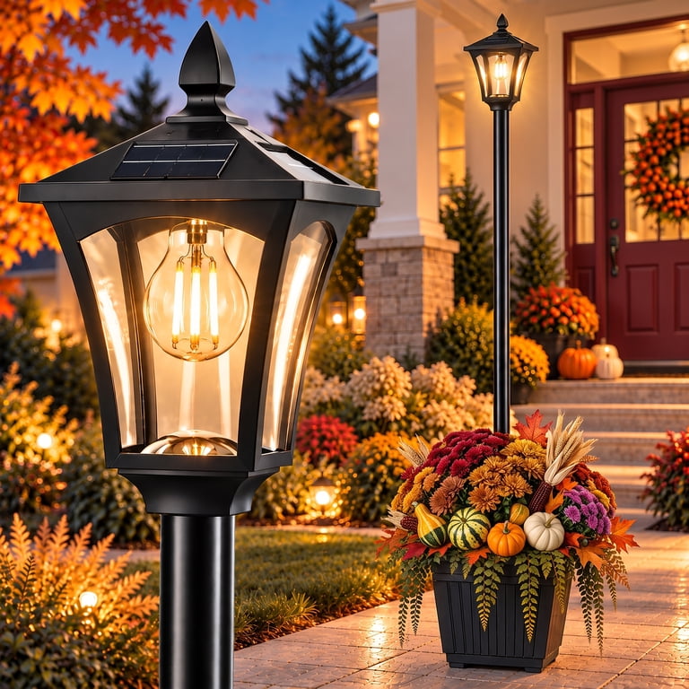 76 inch Solar Lamp Post Lights with Planter, Glass & Metal Street Light Outdoor Waterproof, 60 Lumens Dusk to Dawn for Garden Yard Driveway Porch