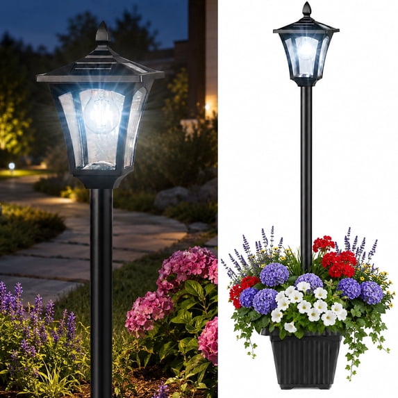 76" Solar Outdoor Lamp Post Light with Planter Modern Street Lamp Post Waterproof, 60 Lumens Dusk to Dawnfor Garden Yard Driveway Porch Patio, Cool White