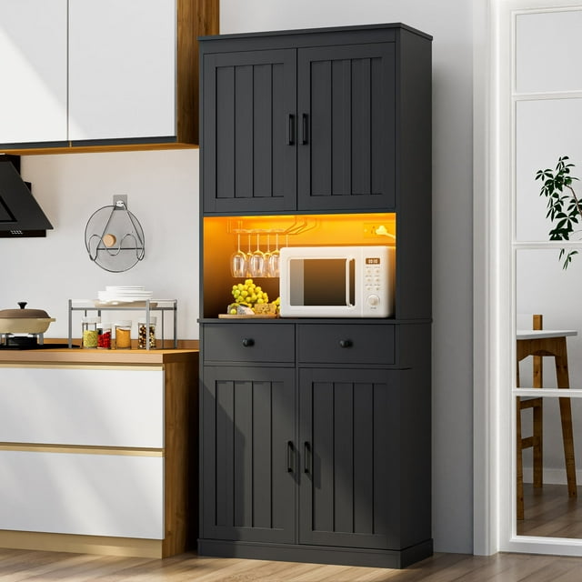 76" Tall Kitchen Pantry Storage Cabinet with Microwave Stand, Freestanding Kitchen Pantry Cabinet with Storage, Cupboard Cabinet for Kitchen