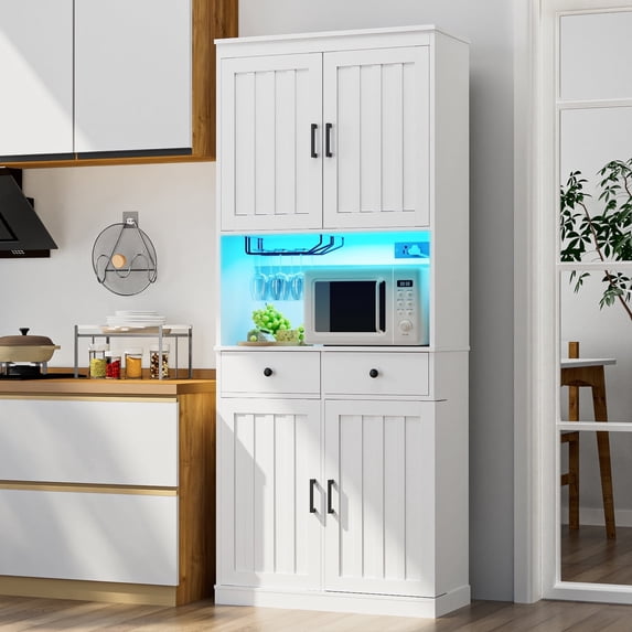 76" Tall Kitchen Pantry Storage Cabinet with Microwave Stand, Freestanding Kitchen Pantry Cabinet with Storage, Cupboard Cabinet for Kitchen