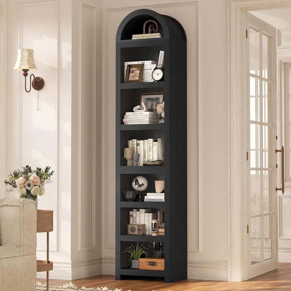 76" Tall Narrow Arched Bookcase,7-Teir Mid-Century Modern Bookshelf,Adjustable Shelves offering More Storage Space for Living Room,Kitchen,Home Office,Walnut