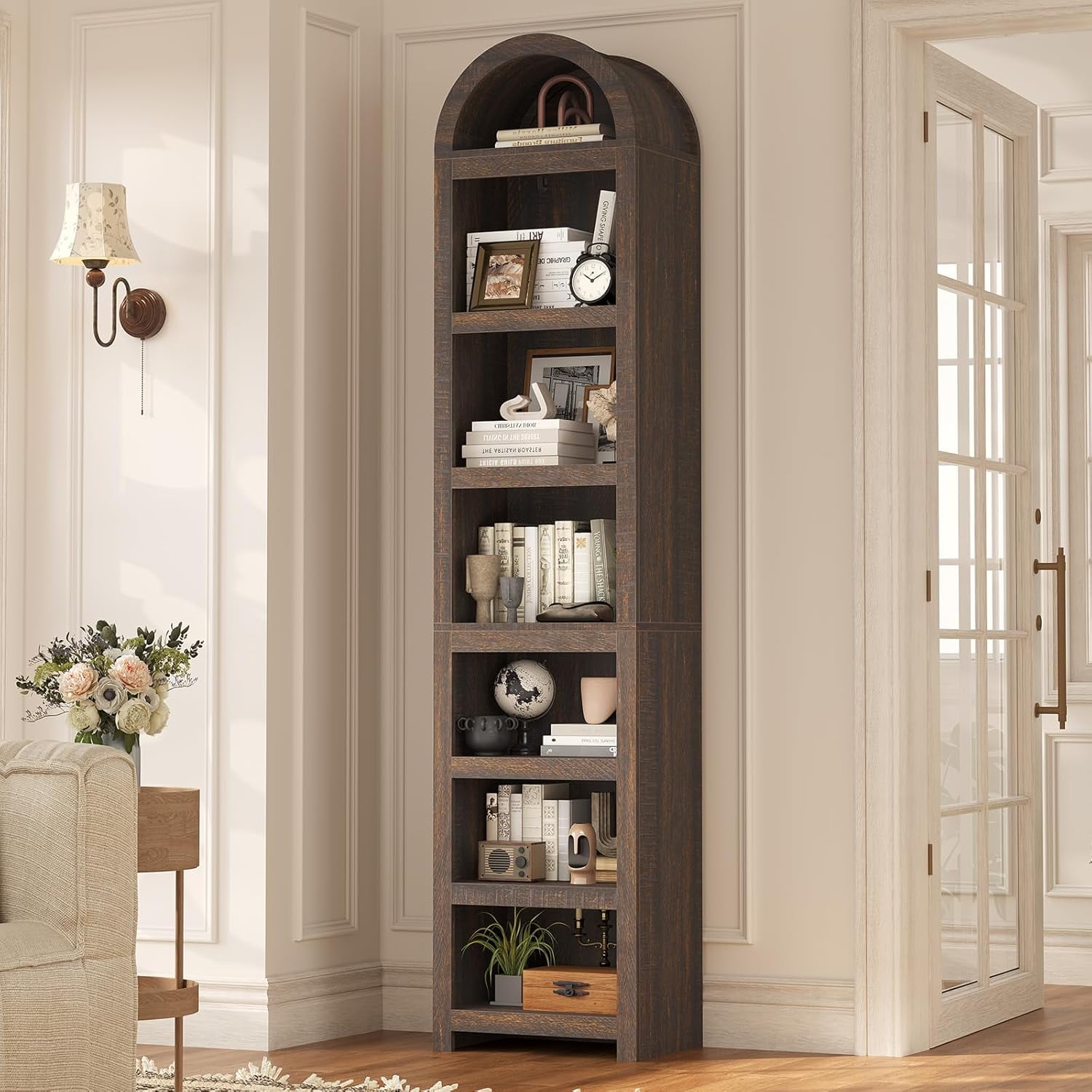 76" Tall Narrow Arched Bookcase, 7-Teir Mid-Century Modern Bookshelf with Adjustable Shelves for Living Room, Home Office, Walnut