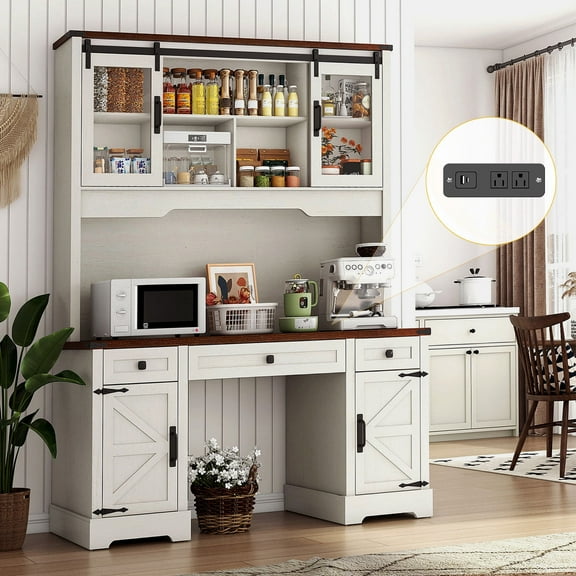 76" Tall Pantry Cabinet Kitchen Hutch w/ Sliding Glass Doors & Charging Station, Farmhouse Coffee Bar Cabinet w/ 3 Drawers & Microwave Stand