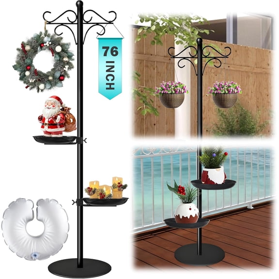 76" Thicken Shepherds Hooks for Outdoor - Double Shepherd Hooks for Outside with 2 Stands, Bird Feeder Pole with a Flat Base for Deck, Plant Stand Indoor, Wreath and Wind Chimes Hanger