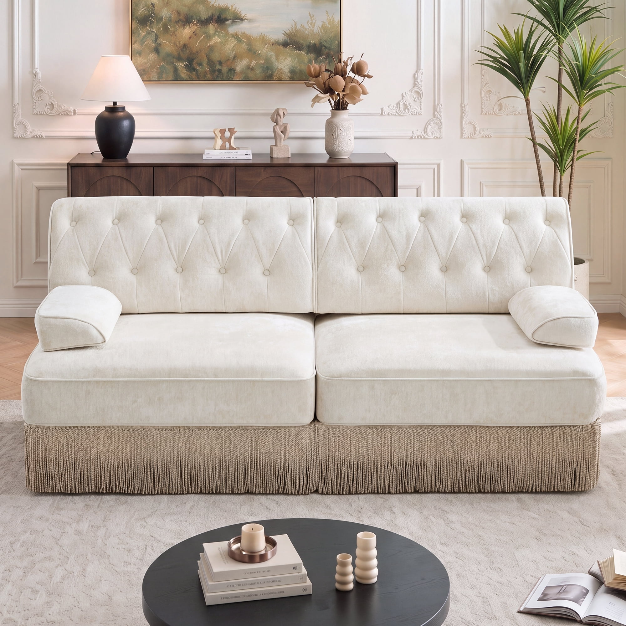 76" Velvet Chesterfield Loveseat Sofa, Button Tufted Design, Tassel Fringe Skirt, Easy to Assemble