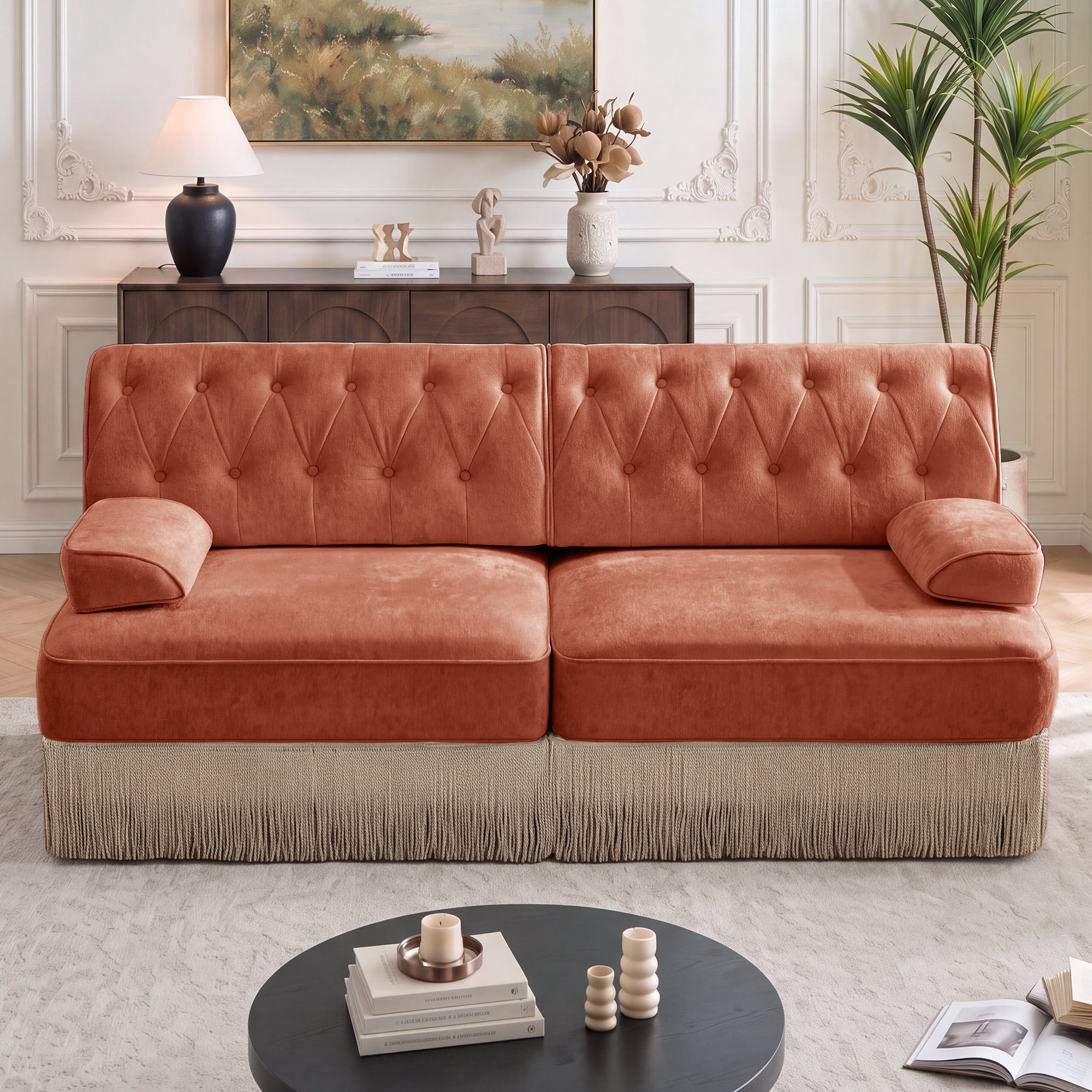 76" Velvet Chesterfield Loveseat Sofa, Button Tufted Design, Tassel Fringe Skirt, Easy to Assemble