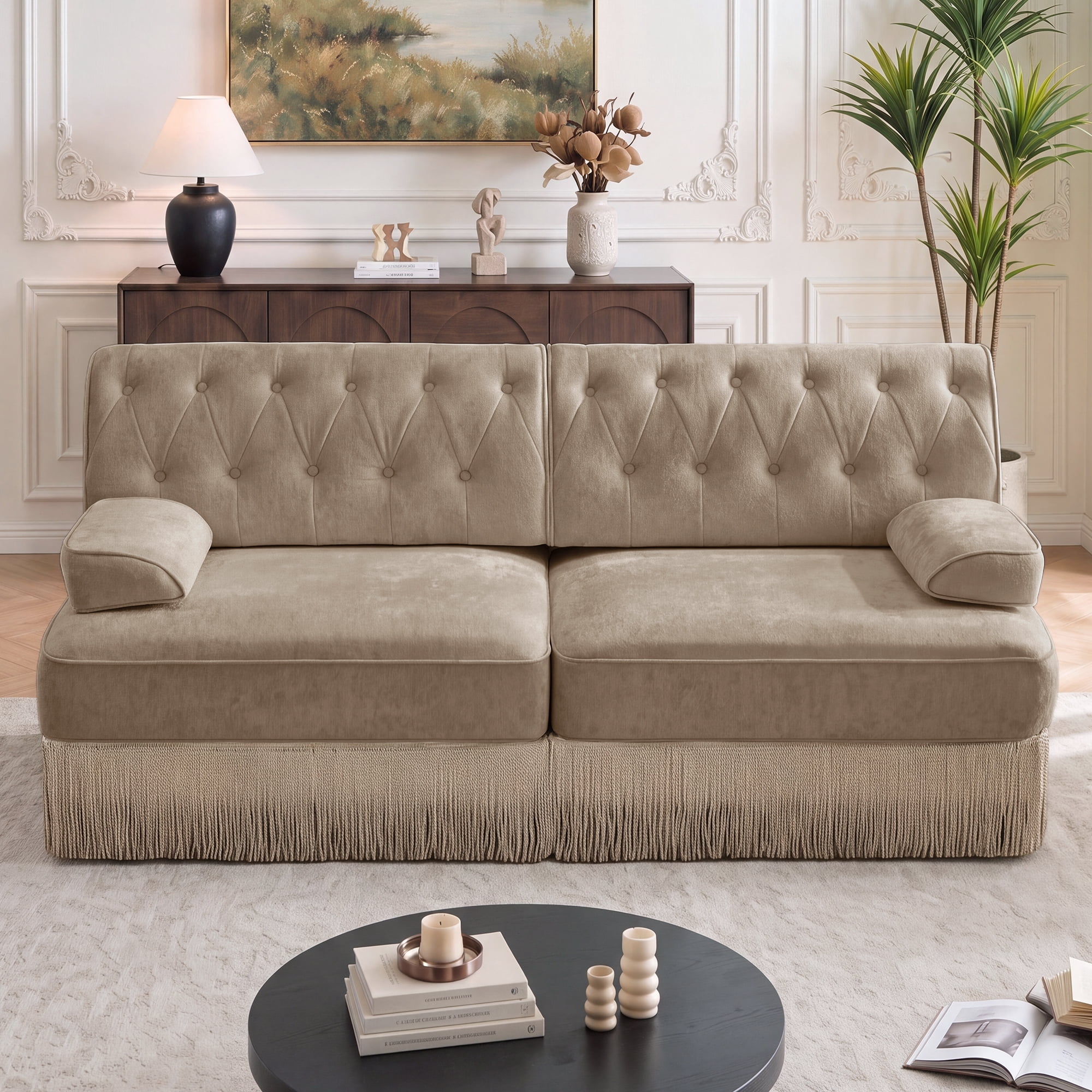 76" Velvet Chesterfield Loveseat Sofa, Button Tufted Design, Tassel Fringe Skirt, Easy to Assemble