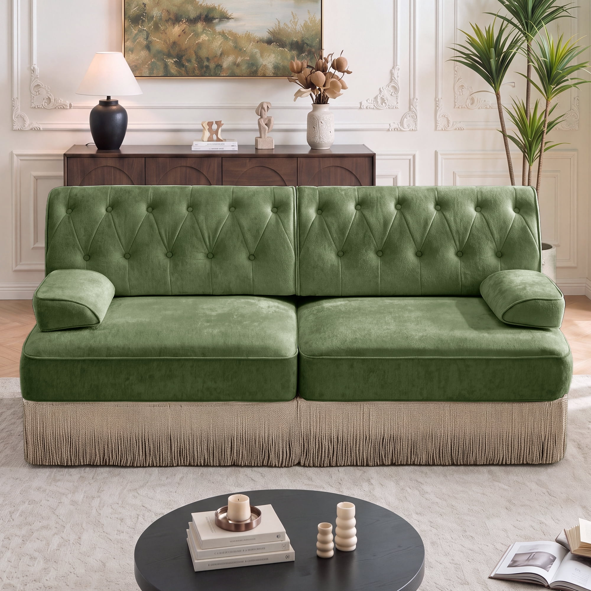 76" Velvet Chesterfield Loveseat Sofa, Button Tufted Design, Tassel Fringe Skirt, Easy to Assemble