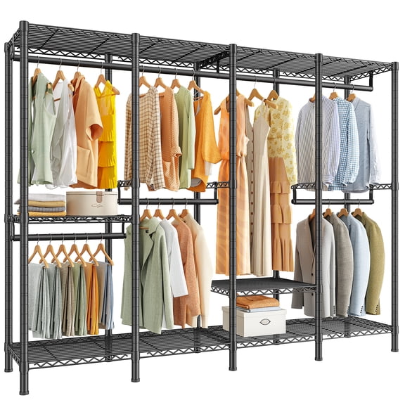 76" W Extra Large Closet Organizer,Heavy Duty Clothes Rack 1100lbs,4 Column Metal Wardrobe Rack with 7 Hanging Rods & 10 Shelves,L Shape or Straight Garment Rack for Bedroom,Black