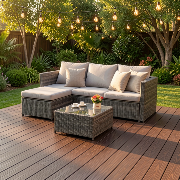 76" All Weather Wicker Oversized Sofa Couch, Sofas For Living Room with Detachable Table, Oversized Modular Sofa Washable Cushions for Backyard Poolside, Light Gray