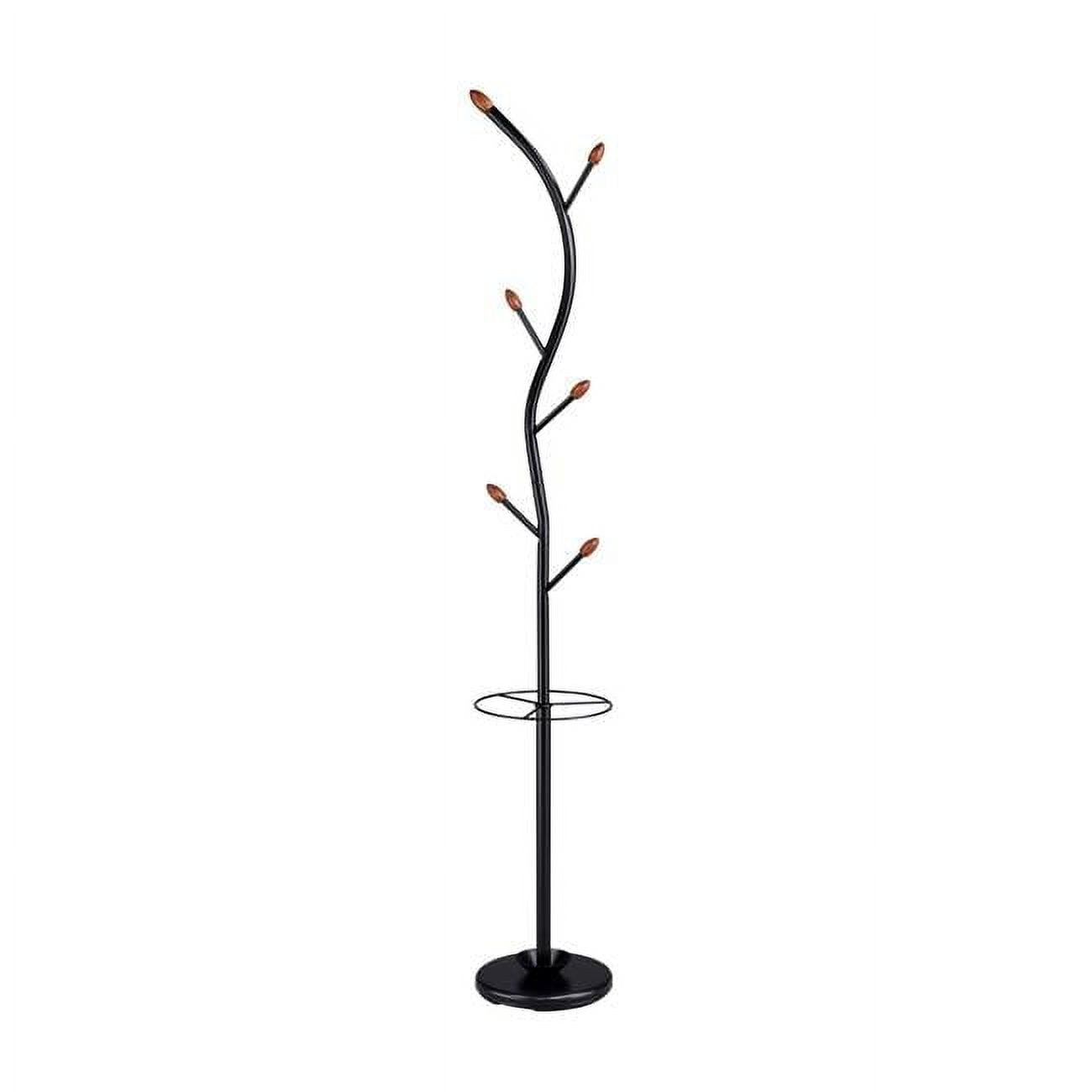 76 in. Black Metal Tree Coat Rack with Walnut Hooks and Umbrella Stand