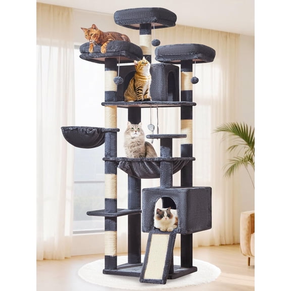 76-inch Cat Tree Xxl For Large Cats Giant Tower With Board Extra-large Metal Hammock 3 Perches 7 Sisal Posts 2 Big Condos Hanging Basket Smoky Gray Ms047g
