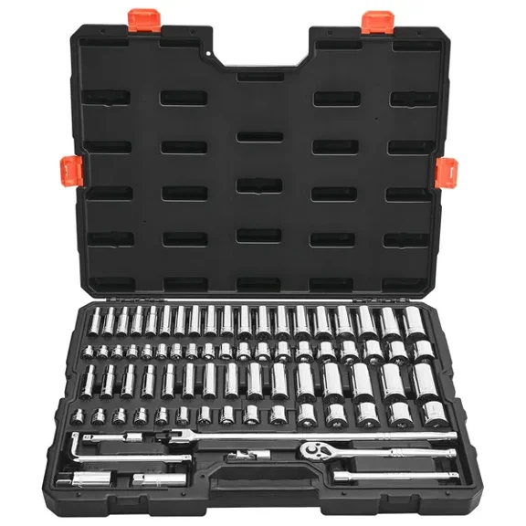 76-piece socket wrench set, 3/8-inch drive socket and ratchet wrench set, including imperial and metric sizes, deep and shallow sockets, suitable for automotive repair.