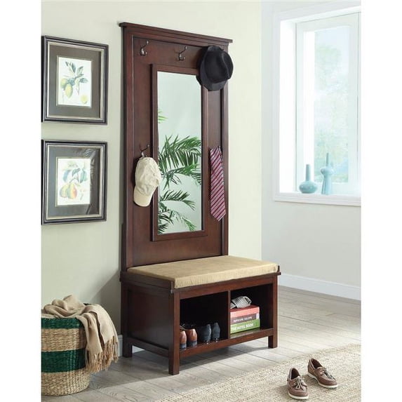 76 x 34.25 x 18 in. Hall Tree with Storage Bench & Mirror, Brown