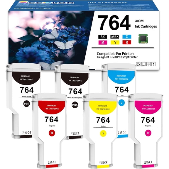 764 Ink Cartridges 300-ML 6-Pack Compatible for 764 C1Q16A C1Q17A C1Q18A C1Q13A C1Q14A C1Q15A Replacement for DesignJet T3500 Postscript Printer(Photo Black/Matte Black/Red/Cyan/Magenta/Yellow)