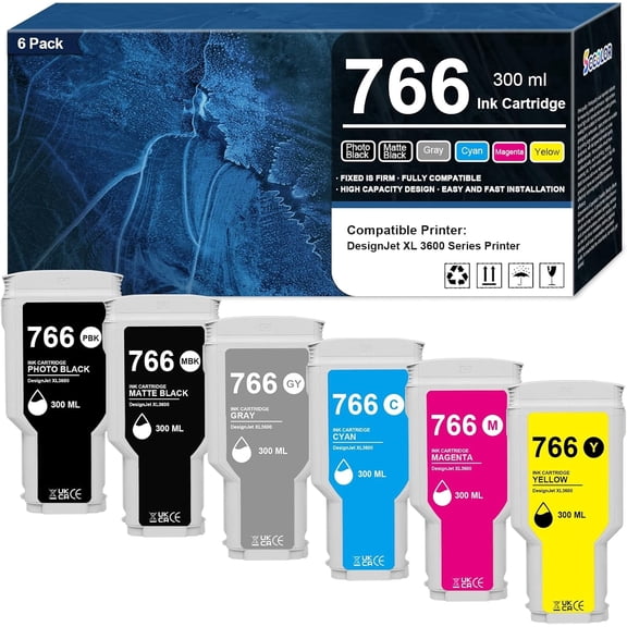 766 Ink Cartridge 300ML High Capacity Compatible for 766 3ED57A P2V89A P2V90A P2V91A P2V92A P2V93A P2V94A 3ED55A Ink Replacement for DesignJet XL3600 XL 3600 Series Printer,6-Pack MK/PB/G/C/M/Y