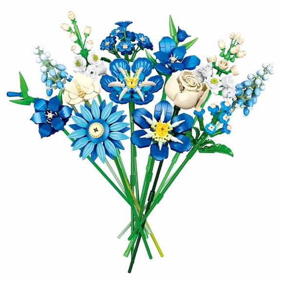 766PCS Blue Floral Building Kit, 7 Adjustable Fake Flowers Model, DIY Bonsai Set for Home Desk Decoration, Birthday Mother's Day Gift