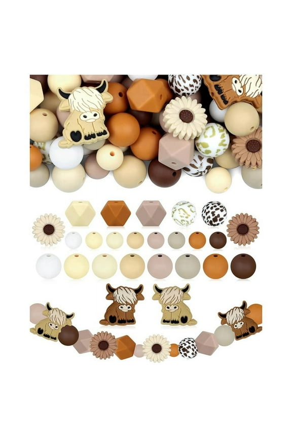 76PCS Cow Silicone Beads-Animal Shaped,Brown & White Cow Beads for DIY Crafting,Keychains,Bracelets,Pens