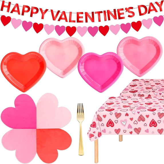 76PCS Valentines Day Heart Decorations, Heart Shaped Paper Plates and Napkins Party Supplies, Disposable Pink and Red Party Plates for Valentines Day Decor, Serves 24