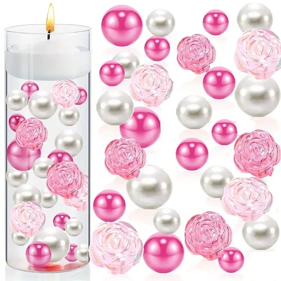 76PCS Valentines Day Vase Filler Decorations ,Valentines Floating Candle Acrylic Plastic Glass Rose Vase Filler, Valentines Day Decor White and Pink Water Gel Beads Pearls for Vase Home Table