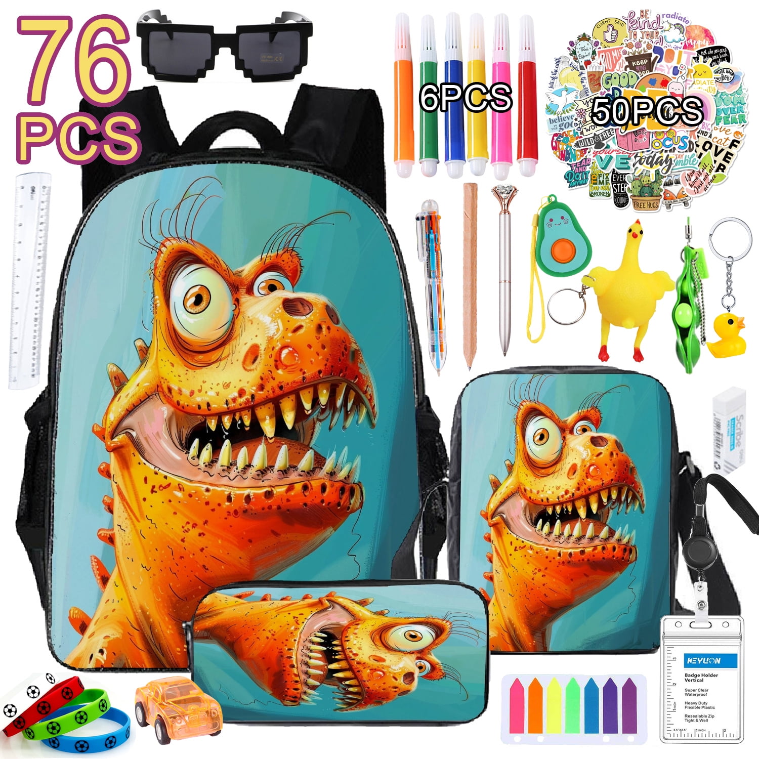 76Pcs 3D Dinosaur Print Backpack for Girls Kids Bookbag for Elementary School 76Pcs School Bag with Lunch Bag 04 Walmart