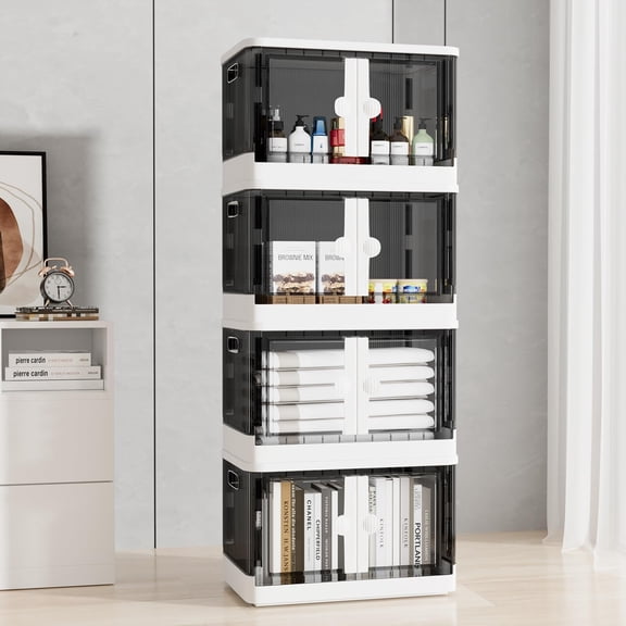 76QT / 19Gal Collapsible Stackable Storage Bins with Wheels & Handle, 4-Pack Plastic Storage Organizer with Front Doors and Lids, Space-Saving Folding Cabinets for Home & Office