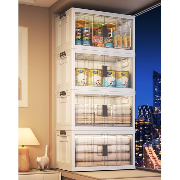 76QT Lockable Storage Bins with Lids - Folding Storage Box with Doors & Wheels, Collapsible Drawers for Home, Dorm, Closets, Office, School, College, Stackable Containers, 4 Pack Cubes