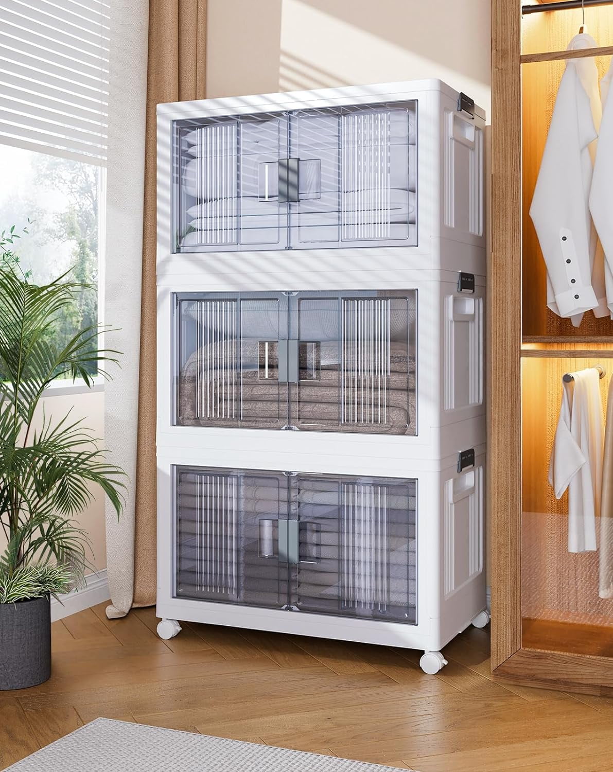 76QT Storage Bins with Lids Folding Storage box with Doors and Wheels