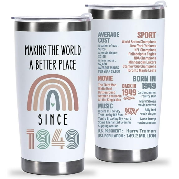 76th Birthday Tumbler 20 oz Stainless Steel Since 1949, Perfect for Her, Him, Friends, Mom, Dad, Wife, Aunt, Grandma, Sister Celebrate 76 Years!