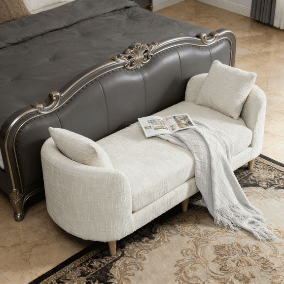 77.17" Modern Upholstered End of Bed Bench with Armrests and 2 Bolster Pillows | Chenille Chaise Lounge Couch with Rubberwood Legs for Living Room, Bedroom, Apartment, Guest Room