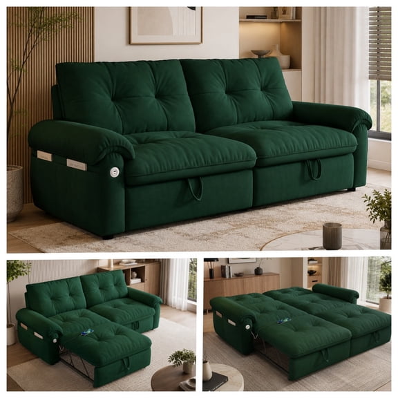 77.2" Convertible Sofa Bed, 2-in-1 Full Size Sleeper Sofa, Plush Upholstered Loveseat with USB Charging Ports & Side Pockets, Steel Frame Pull-Out Couch for Living Room, Bedroom, Apartment