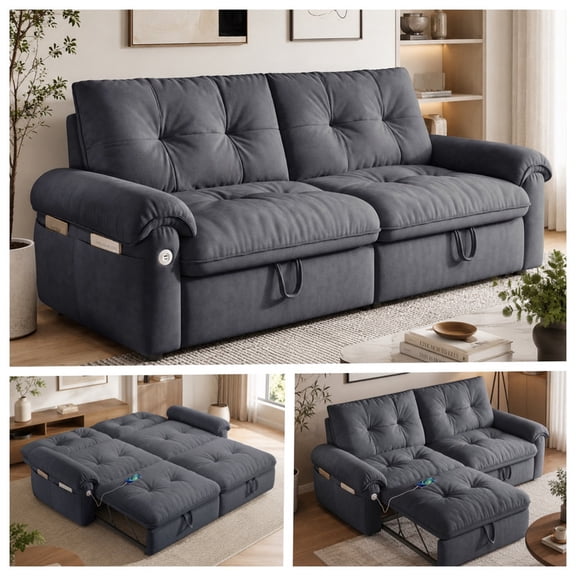 77.2" Convertible Sofa Bed, 2-in-1 Full Size Sleeper Sofa, Plush Upholstered Loveseat with USB Charging Ports & Side Pockets, Steel Frame Pull-Out Couch for Living Room, Bedroom, Apartment