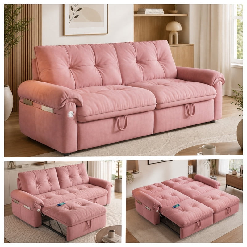 77.2" Convertible Sofa Bed, 2-in-1 Full Size Sleeper Sofa, Plush Upholstered Loveseat with USB Charging Ports & Side Pockets, Steel Frame Pull-Out Couch for Living Room, Bedroom, Apartment