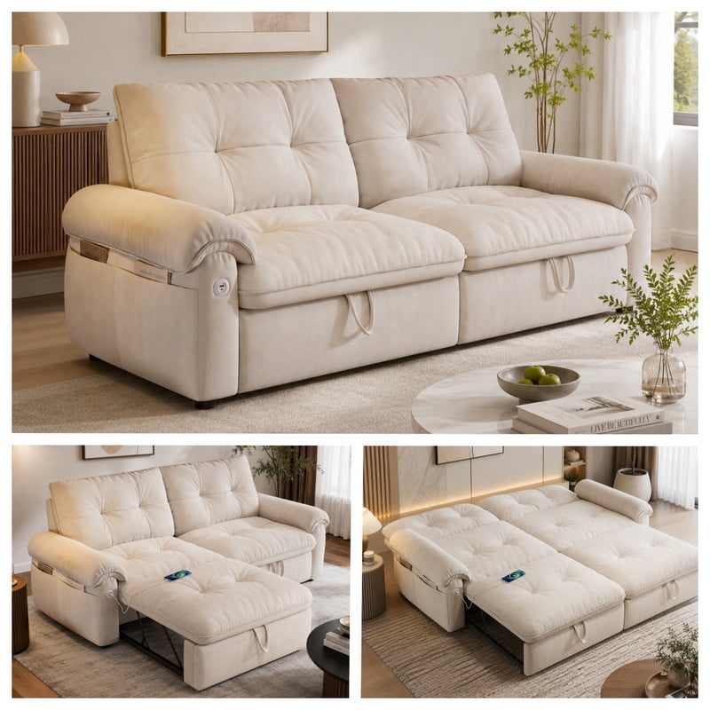 77.2" Convertible Sofa Bed, 2-in-1 Full Size Sleeper Sofa, Plush Upholstered Loveseat with USB Charging Ports & Side Pockets, Steel Frame Pull-Out Couch for Living Room, Bedroom, Apartment
