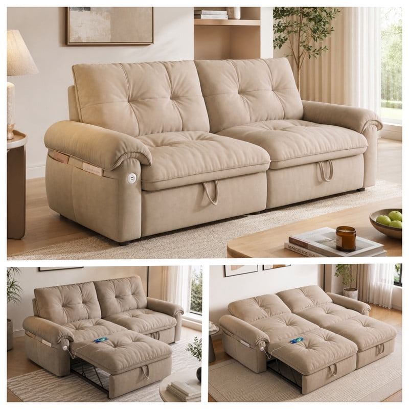 77.2" Convertible Sofa Bed, 2-in-1 Full Size Sleeper Sofa, Plush Upholstered Loveseat with USB Charging Ports & Side Pockets, Steel Frame Pull-Out Couch for Living Room, Bedroom, Apartment