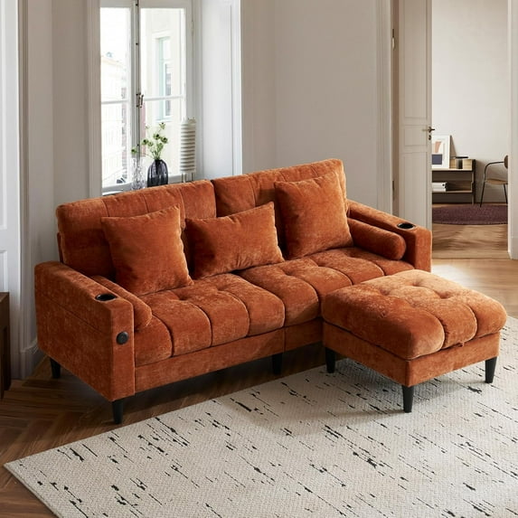 77.2" Modern Sectional Sofa with Storage Ottoman, L-Shaped Couch 3 Seat Modular Sofa, Orange
