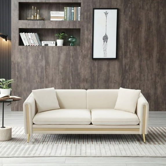 77.2” Modern Upholstered Velvet Sofa 3 Seater Couch with Removable Cushions Side Pocket Mid-Century Tufted Living Room Set Gold Metal Legs,2 Pillows Included