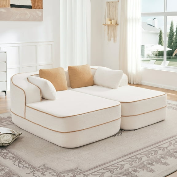 77.2" Modular Sectional Sofa,Teddy Fabric 32D Boneless Sofa with Curved Armrest,Contrast Color Design with Pillow,Fluffy Comfy Couch with L Shaped Chaise,for Living Room,No Assembly Required,White