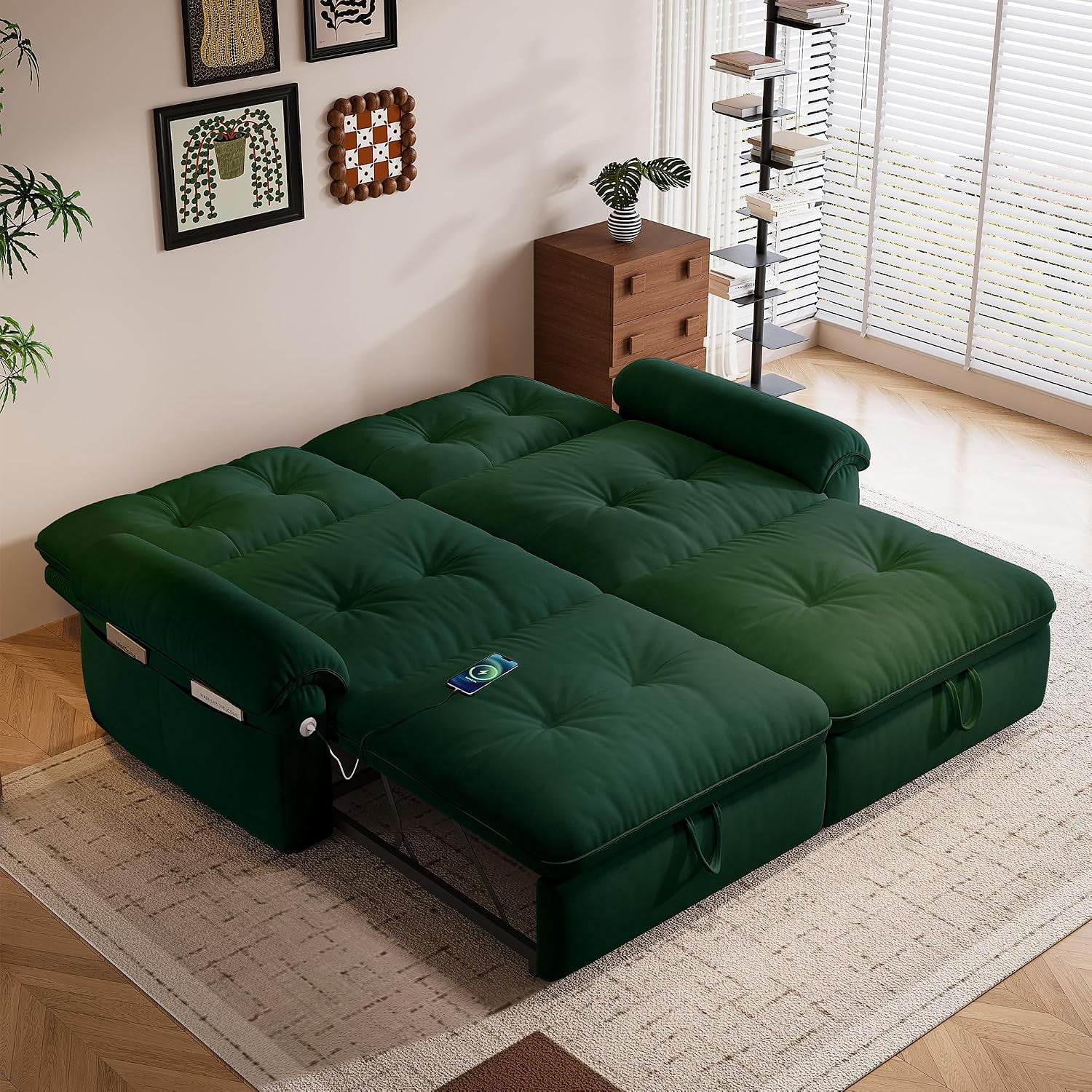 77.2'' Sleeper Sofa Bed Full, Flannel Pull Out Couch for RVS, Green,3 In 1 Convertible Couches, Pre-Installed for Small Space, Living Room, Apartment, Modern Loveseat with USB & Side Pocket