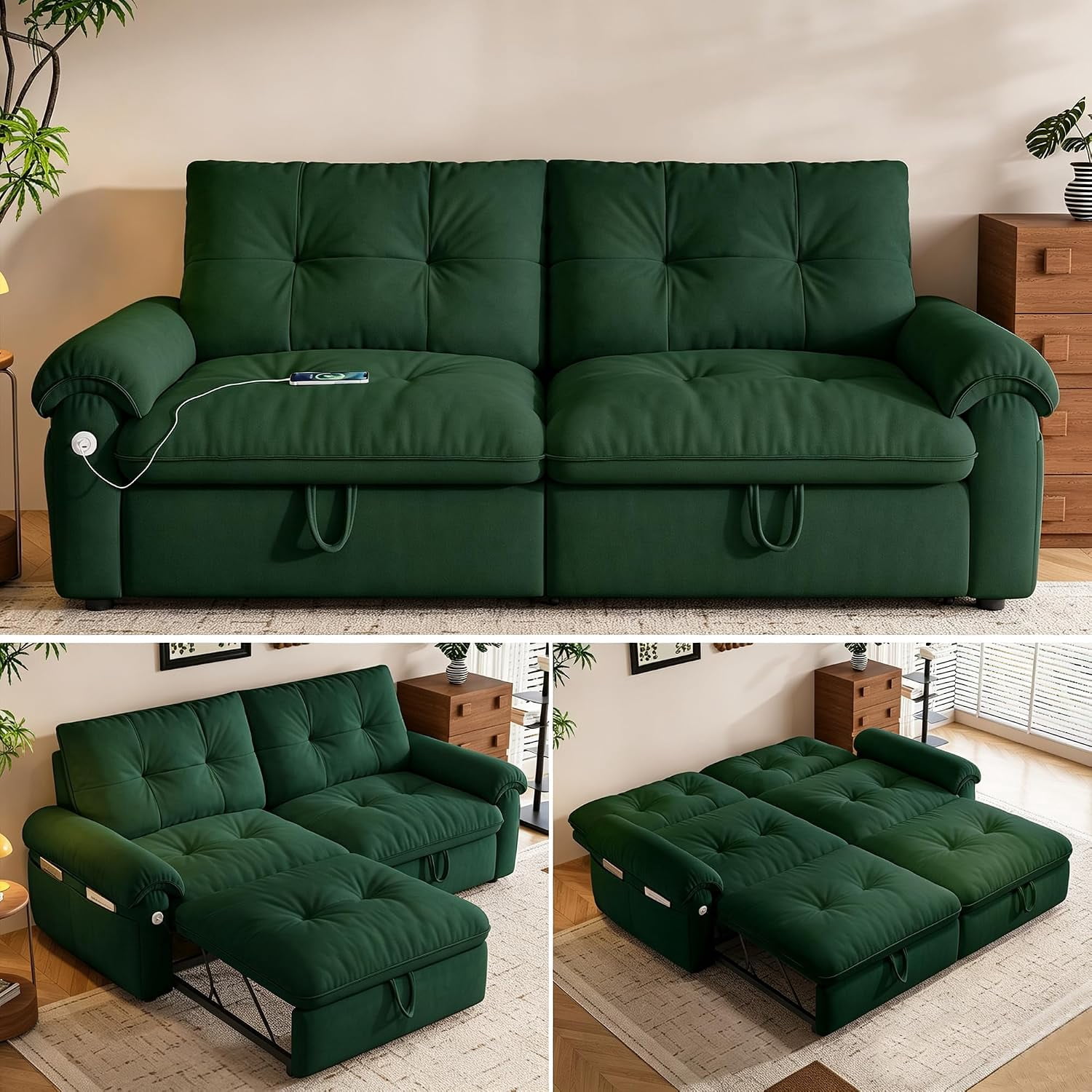 77.2" Sleeper Sofa Bed Full, Pre-Assembled Flannel Pull Out Sofa, Green,Convertible Futon Couch with Adjustable Backrest, Tufted, USB, Side Pockets, Loveseat for Living Room, Apartment, Small Space
