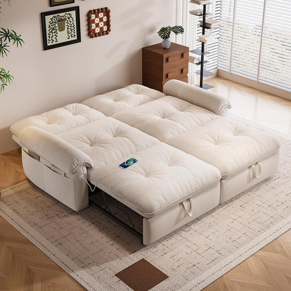 77.2'' Sleeper Sofa Bed Full Size, Flannel Pull Out Couch, 3 in 1 Convertible Futon Couches, Pre-Installed, Modern Loveseat, USB & Side Pocket, for Small Space, Living Room, Apartment, Beige