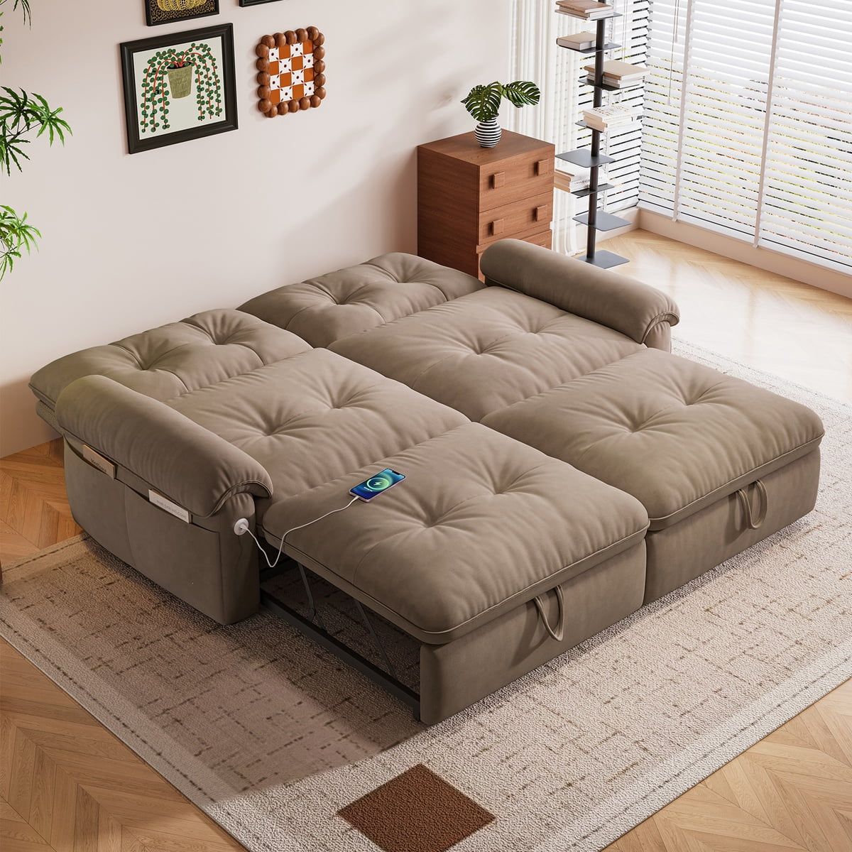 77.2'' Sleeper Sofa Bed Full Size, Flannel Pull Out Couch, 3In1 Convertible Futon Couches, Pre-installed, Modern Loveseat USB, Side Pocket for Small Space, Living Room, Apartment,Brown