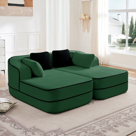 77.2" Teddy Fabric 32D Boneless Sofa,Modular Sectional Sofa with Curved Armrest,Contrast Color Design with Pillow,Fluffy Comfy Couch with L Shaped Chaise,for Living Room,No Assembly Required,Green